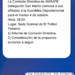 ASAMBLEA DEPARTAMENTAL 4 DE OCTUBRE, 18 HS EN EL EL TRÉBOL.-